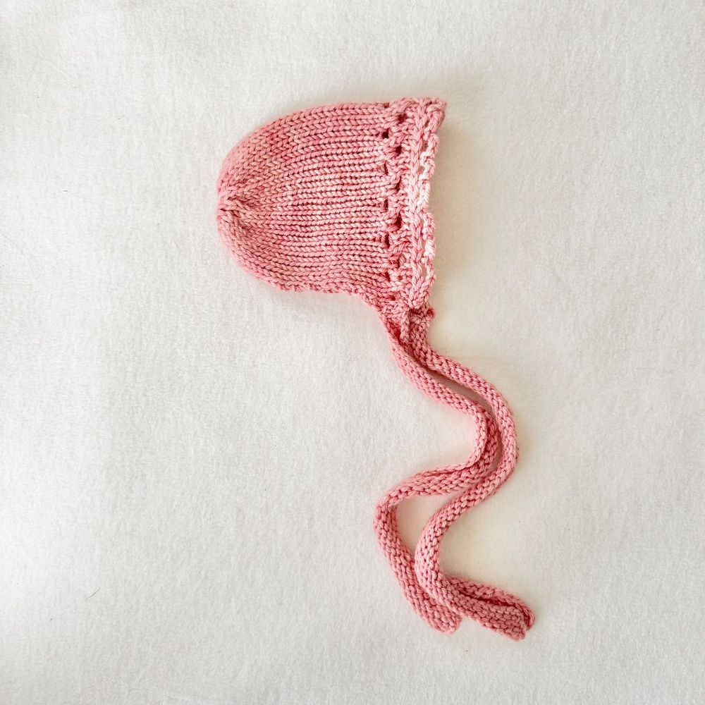 Handmade Knitted Baby Bonnet , Newborn, Heathered Red , Scalloped Edge